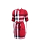 BURBERRY 紅色格紋棉質襯衫式洋裝(附腰帶) product thumbnail 1
