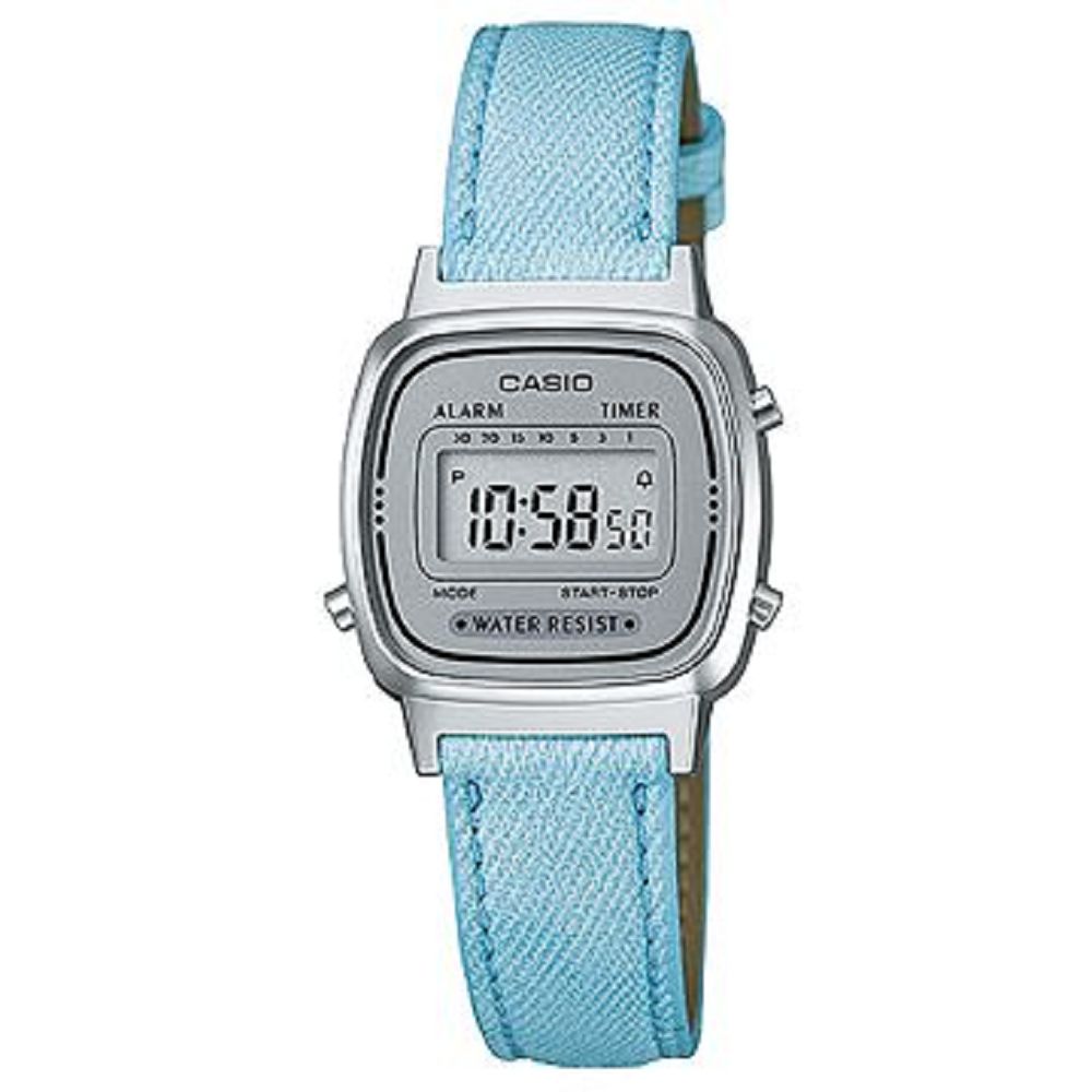 CASIO 經典小巧簡約數位皮帶錶(LA670WL-2A)-灰框X水藍/24.6mm