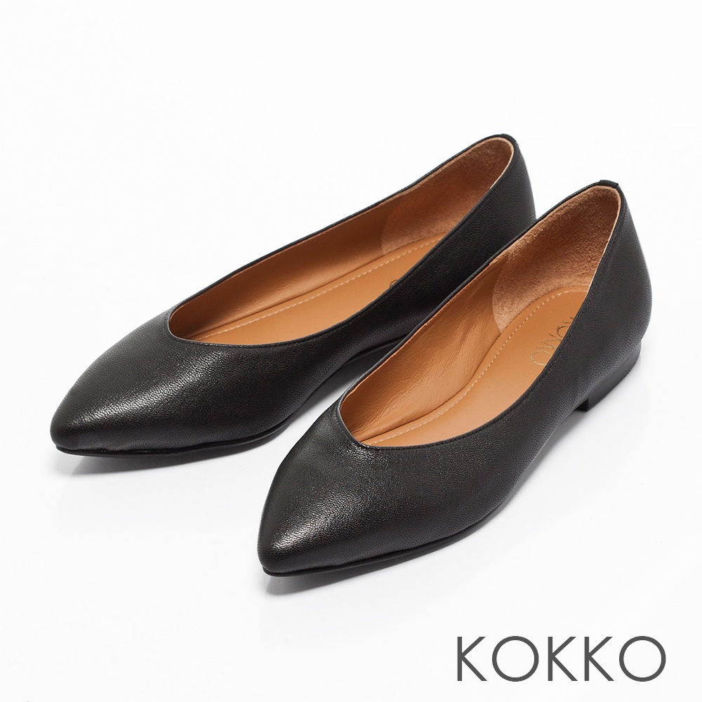 KOKKO - 超軟底復古尖頭真皮平底鞋-經典黑