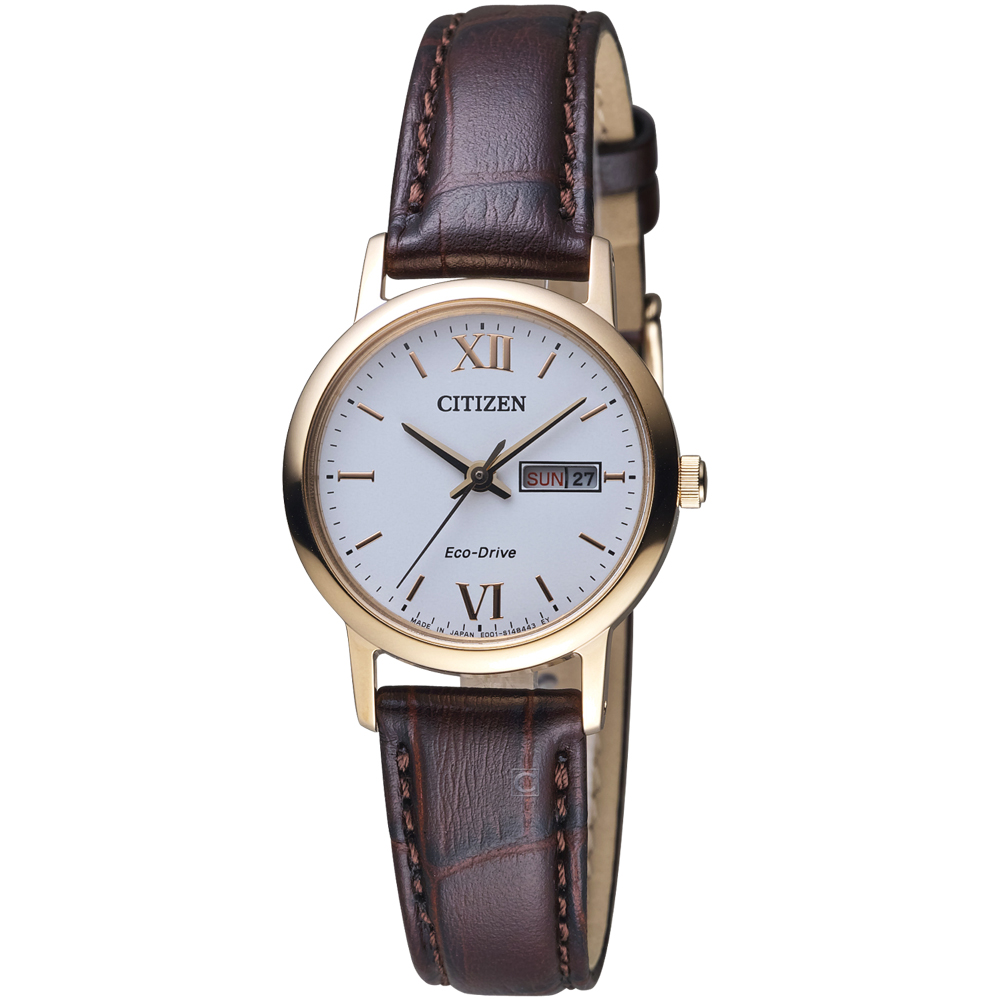 CITIZEN 星辰 知性美學時尚腕錶(EW3252-07A)-白x咖啡色錶帶/27mm