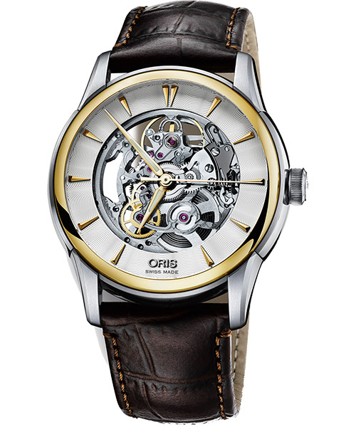 ORIS Artelier Skeleton 藝術家雙鏤空機械腕錶-銀x金框/40mm