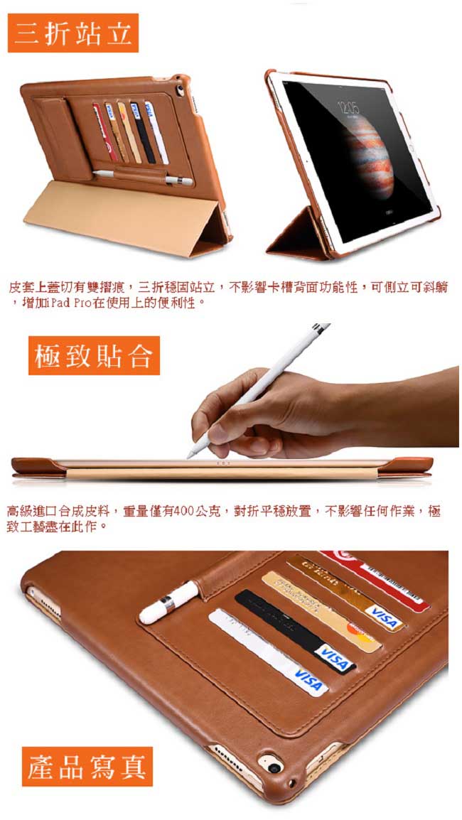 ICARER 商務插卡iPad Pro 12.9吋 三折站立手工皮套