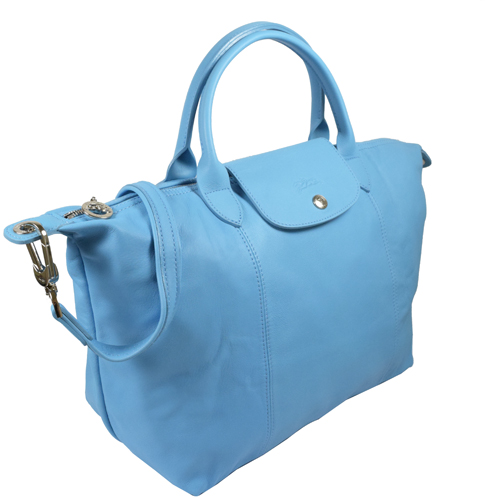 LONGCHAMP Le Pliage Cuir 折疊小羊皮短把兩用包(水藍/M)