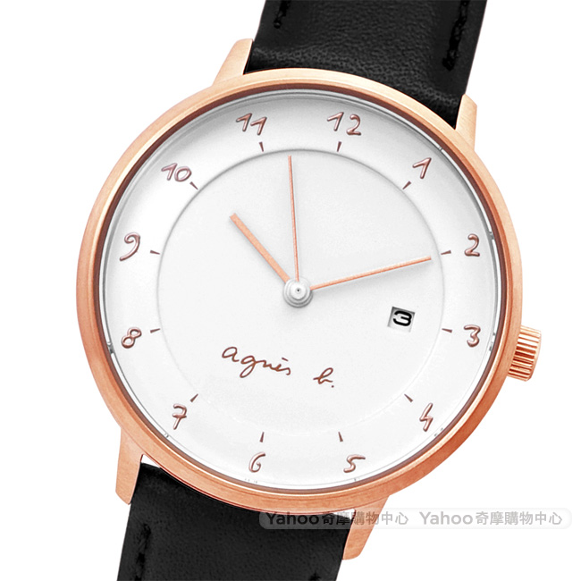 agnes b.簡約手繪時標時尚手錶(B4A001J1)-白X玫瑰金框/33mm