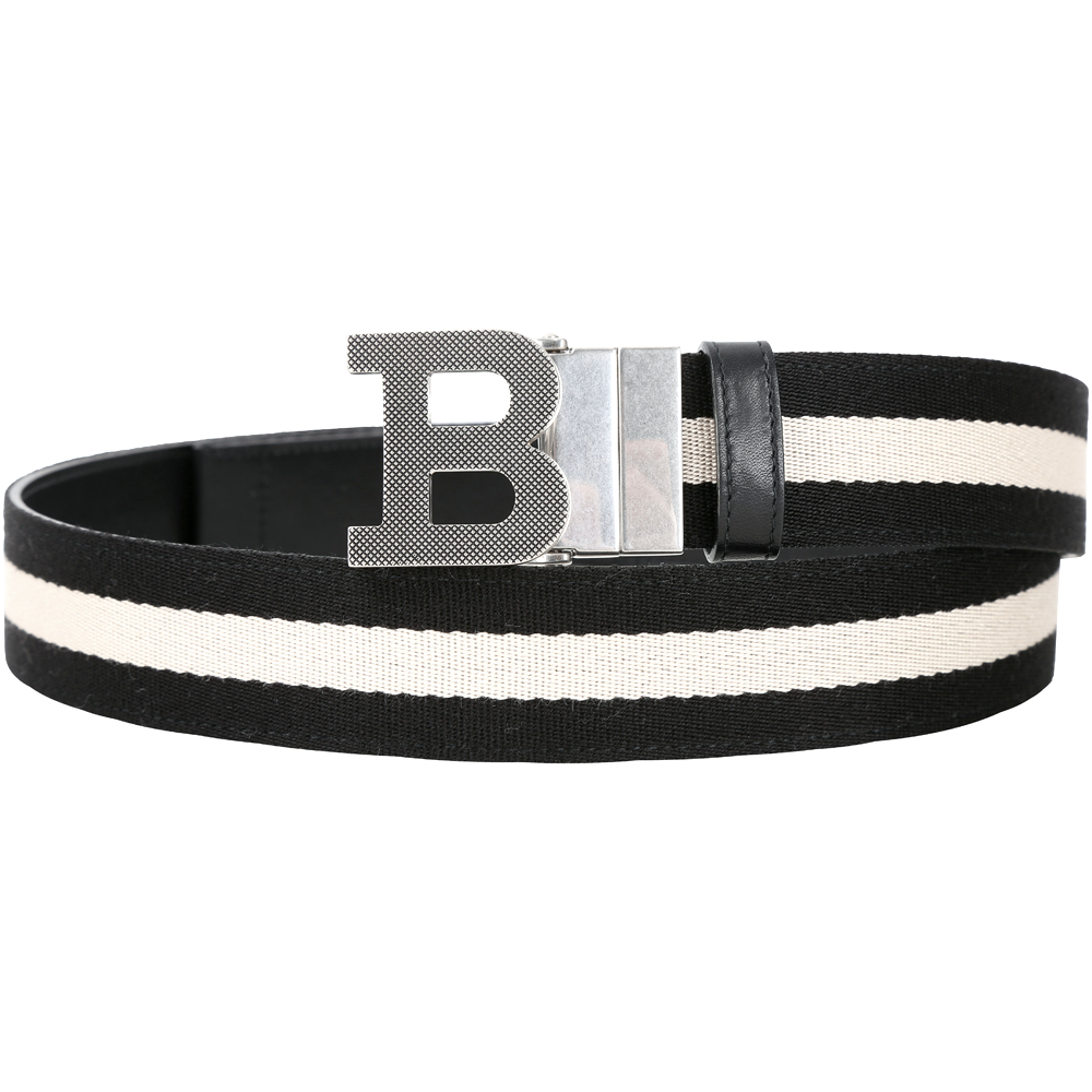 BALLY B BUCKLE B字母釦黑白條紋織帶牛皮腰帶(雙面用/黑色)