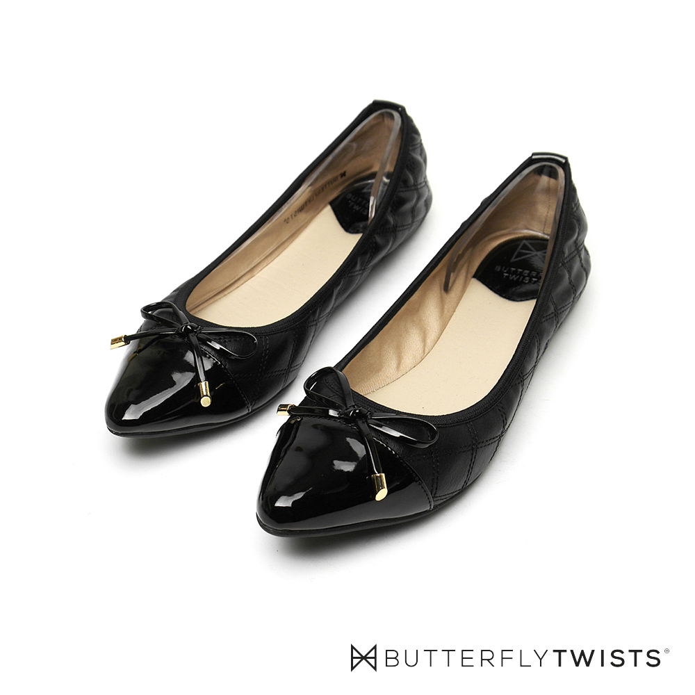 BUTTERFLY TWISTS-菱格紋蝴蝶結記憶軟墊平底鞋-經典黑