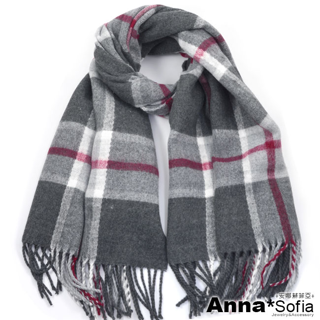 AnnaSofia 知性氣質格紋 厚織仿羊絨大披肩圍巾(深灰紅線系)