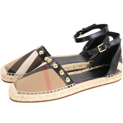 BURBERRY HOUSE 格紋拼接鉚釘皮革草編涼鞋(黑色)