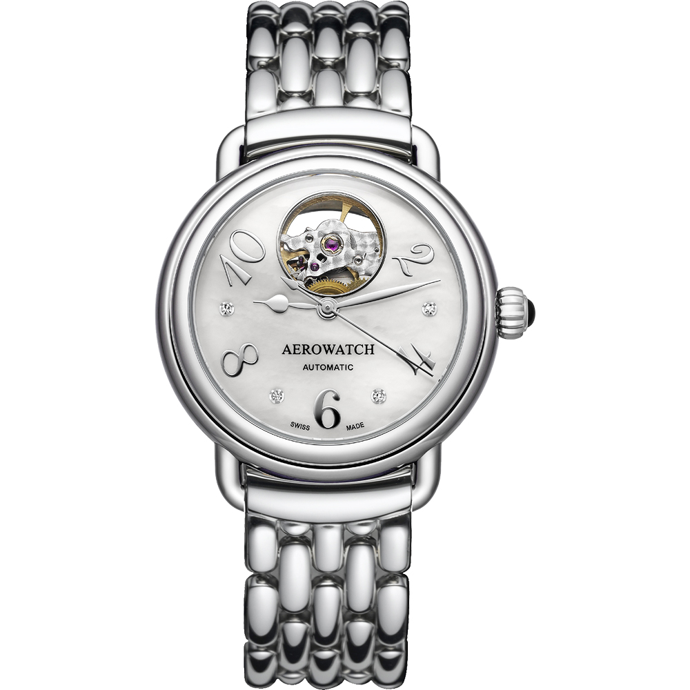 AEROWATCH 藝術小鏤空珍珠貝機械腕錶-珍珠貝x銀/35mm