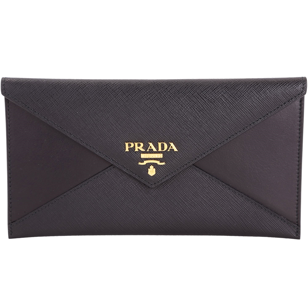 PRADA Envelope 拼接信封設計釦式長夾/手拿包(黑色)