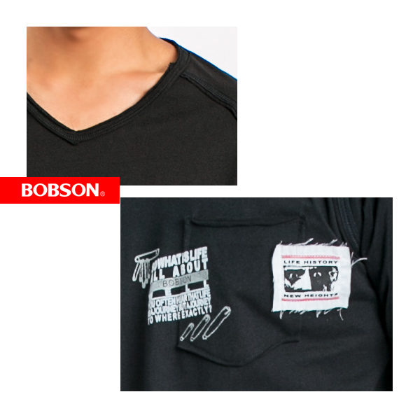BOBSON 男款V領印圖短袖上衣(黑88)