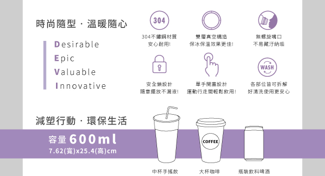 美國KORwater DEVI 304不鏽鋼彈蓋式保冷保溫瓶-曜岩黑600ml(8H)