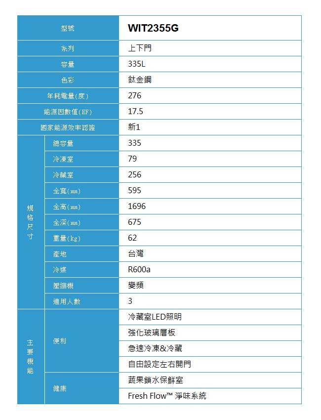 Whirlpool惠而浦 335L 1級變頻2門電冰箱 WIT2355G 展碁代理