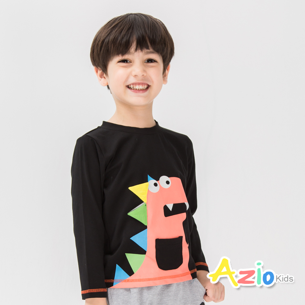 Azio Kids 童裝-上衣 橘恐龍單口袋長袖棉T(黑)