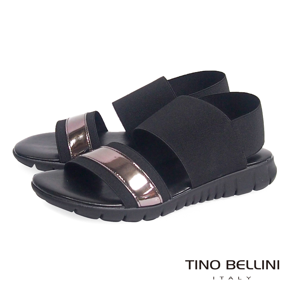 Tino Bellini 義大利進口時髦運動休閒繃帶平底涼鞋_黑+金屬