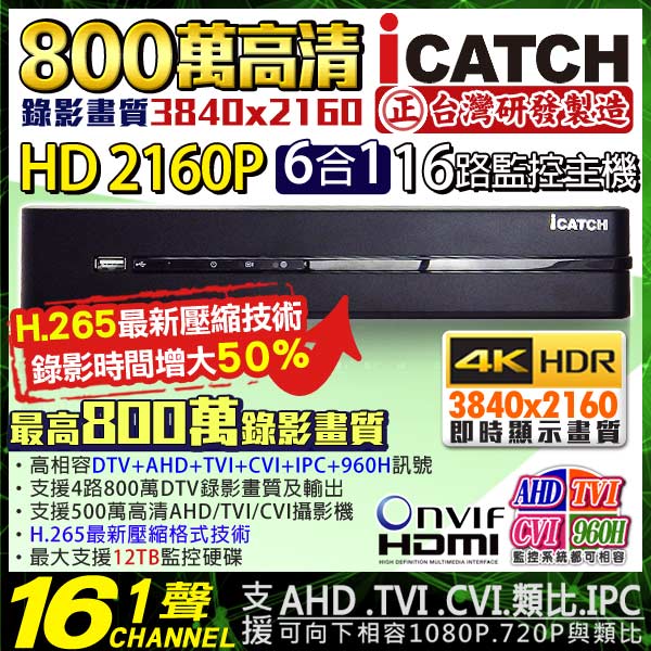 KINGNET 可取 H.265 800萬 16路監視器主機 DVR 2160P 監視器