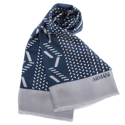 ARMANI COLLEZIONI 時尚幾何碎形雙色拼接真絲圍巾-深藍/灰