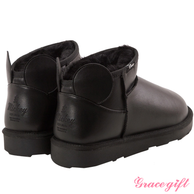Disney collection by grace gift俏皮立體超短筒雪靴 皮黑