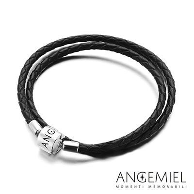 Angemiel安婕米 義大利純銀珠飾 雙圈皮革手環(黑色)