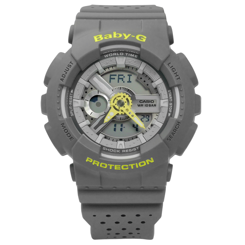 BABY-G 獨創網眼設計指針數位雙顯橡膠手錶(BA-110PP-8A)-灰色/43mm