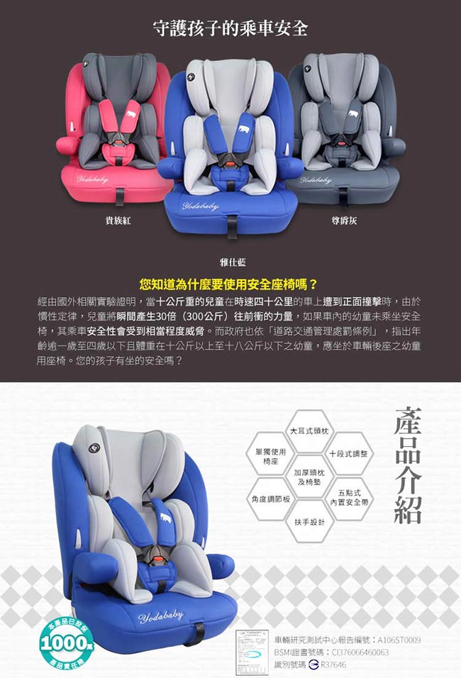 (送有機棉口水巾-隨機款)YoDa 成長型兒童安全座椅-雅仕藍
