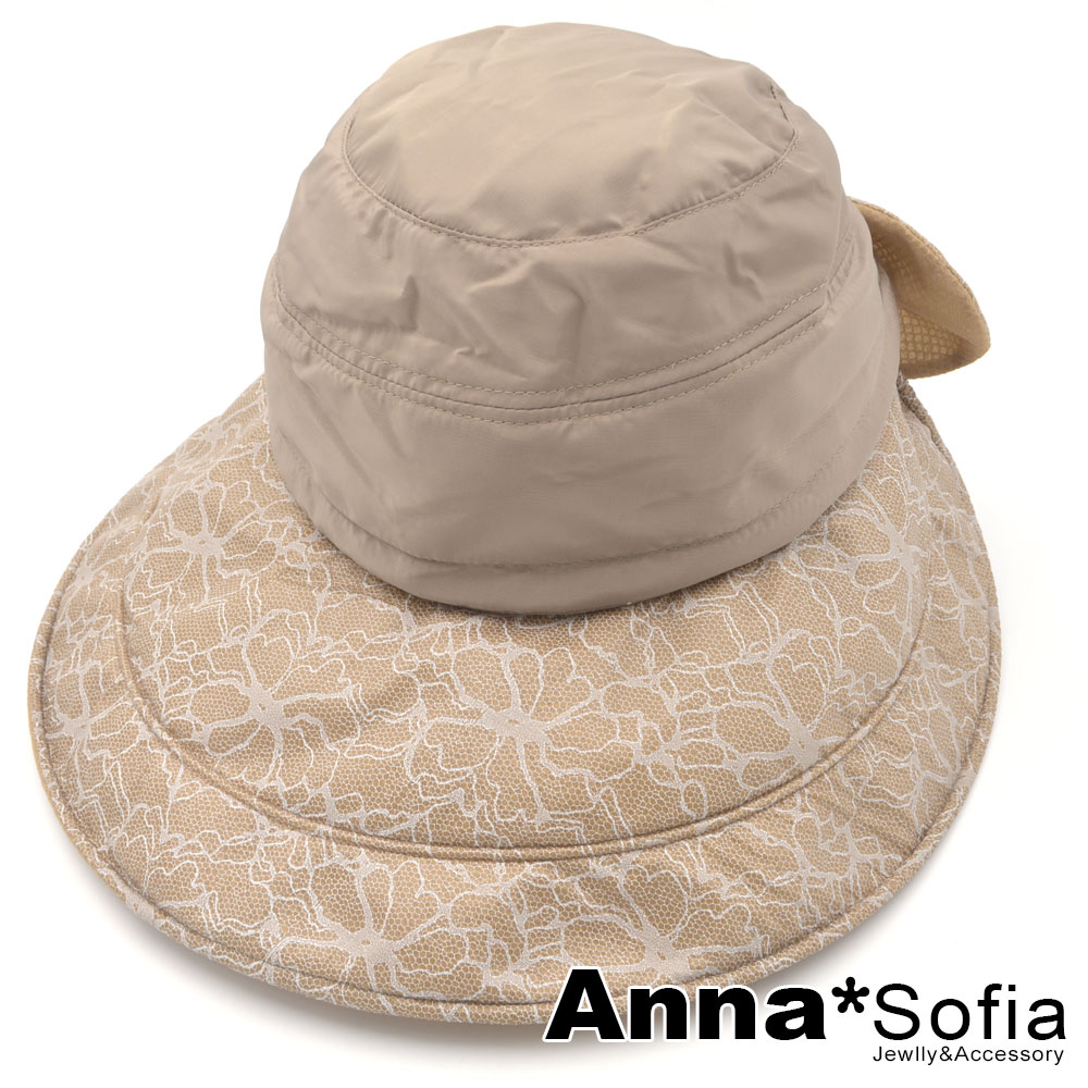 AnnaSofia 蕾絲圓節 兩用防曬遮陽寬簷遮陽帽漁夫帽(駝系)