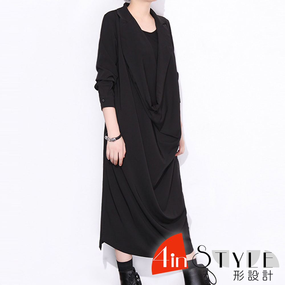 簡約純色堆堆領七分袖洋裝 (黑色)-4inSTYLE形設計