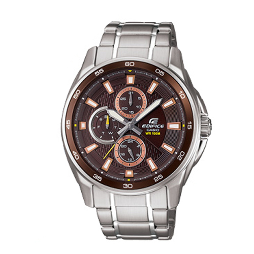 CASIO EDIFICE 城市三眼指針不銹鋼錶(EF-334D-5A)-咖啡面/43.9mm