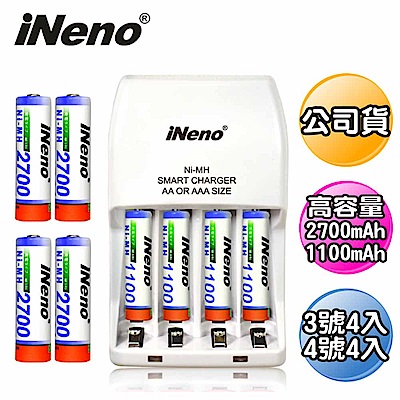 iNeno LED四插槽充電器＋3號.4號鎳氫充電電池各4入