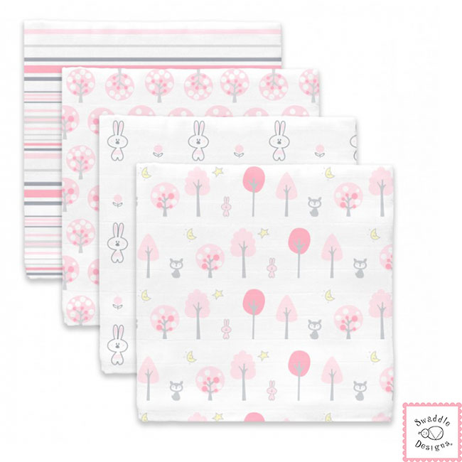 Swaddle Designs 粉紅兔兔森林多用途嬰兒包巾4入禮盒