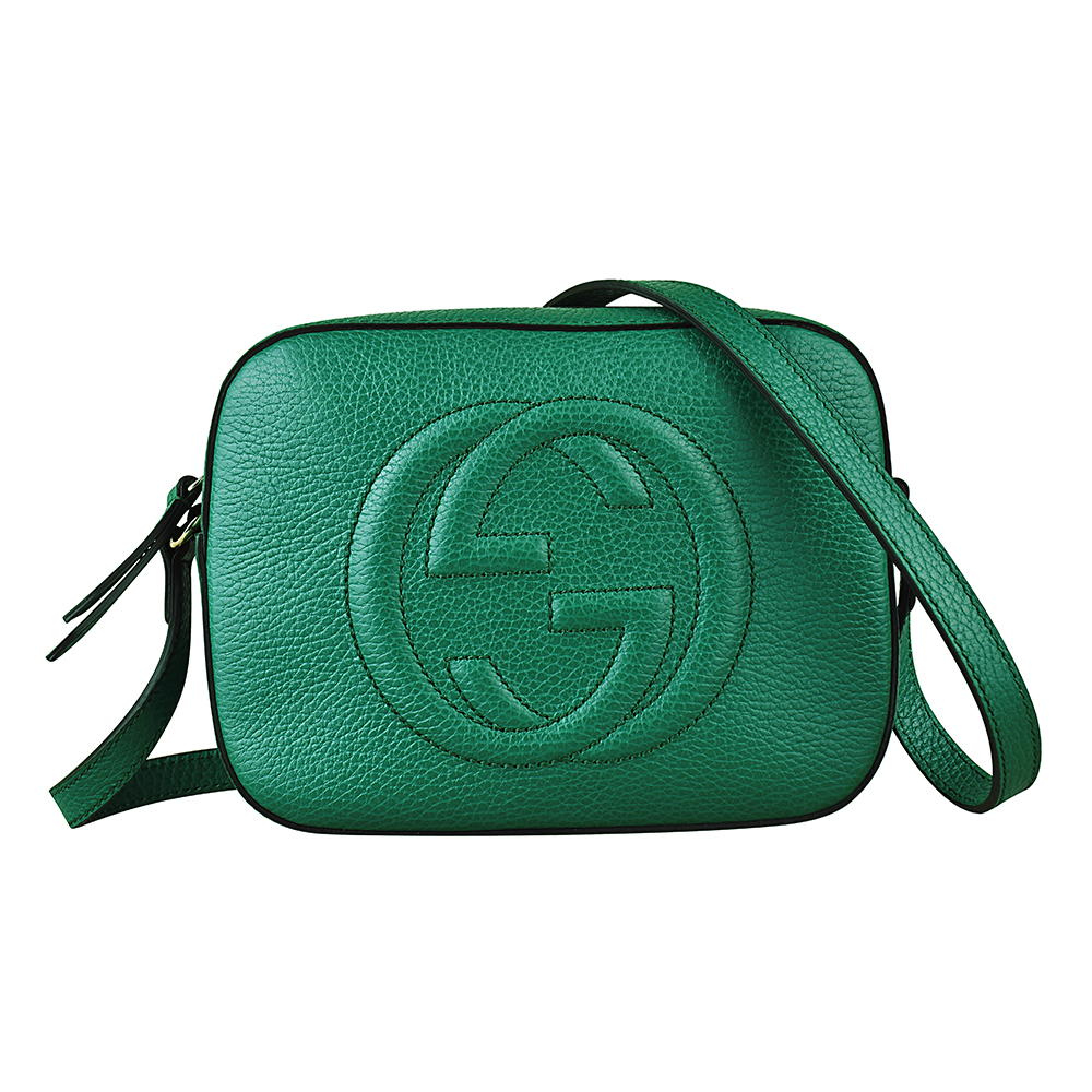 GUCCI SOHO系列浮雕雙G LOGO 牛皮拉鍊斜背包(綠/小)