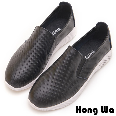 Hong Wa 穿孔簡約造型牛皮樂福鞋 - 黑