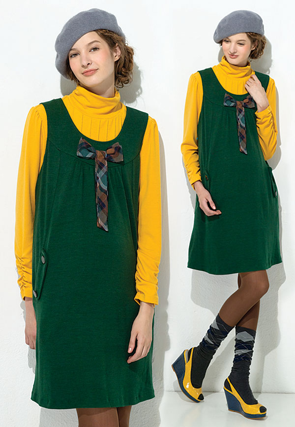 《nini專櫃孕婦裝》學院氣質蝴蝶結領造型秋冬孕婦背心洋裝-綠(F2W04)