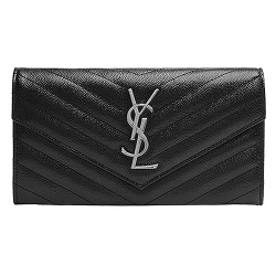 YSL MONOGRAM系列V字縫線魚子醬牛皮金屬LOGO銀釦手拿長夾(黑)