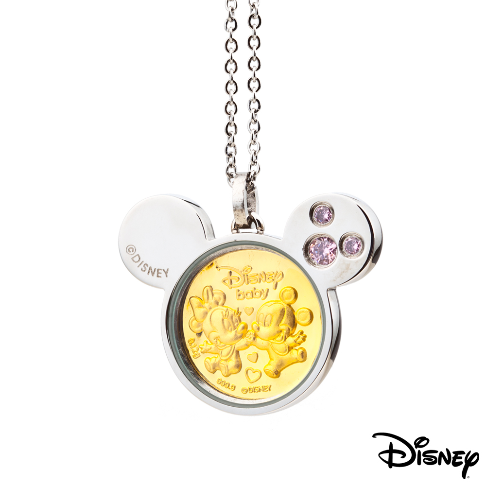 Disney迪士尼金飾 天生一對黃金/白鋼項鍊-粉紅