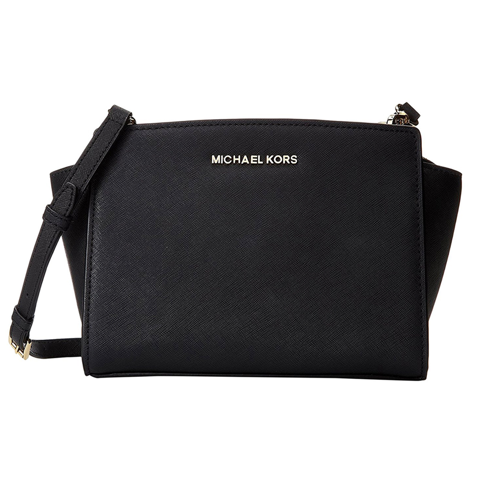 MICHAEL KORS SELMA銀字防刮皮革斜背包(中/黑)