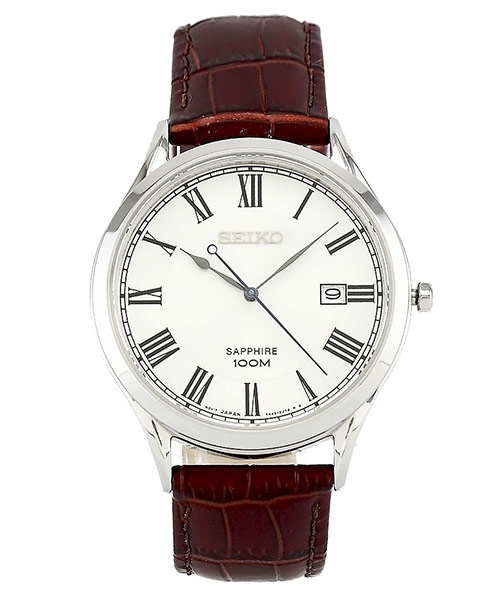 SEIKO 古典羅馬風皮革男性手錶(SGEG97P1)-銀色X咖啡色/40mm