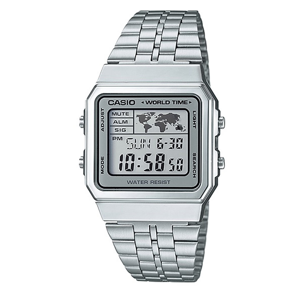 CASIO 復古風數字復刻地圖液晶顯示腕錶(A-500WA-7A)-銀X銀框/34mm