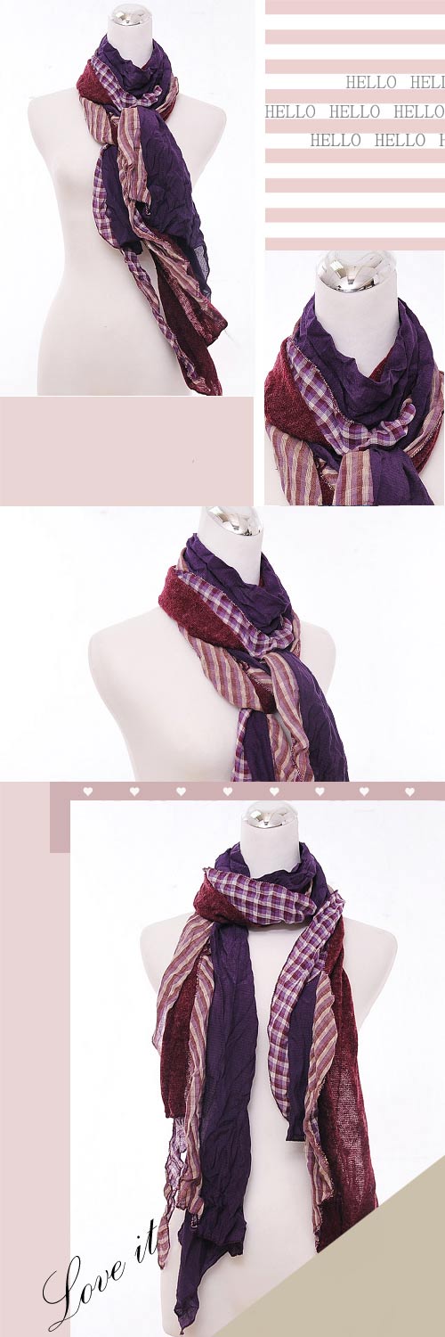 Aimee Toff 韓版流線多層感格紋特色圍巾(酒紅紫)
