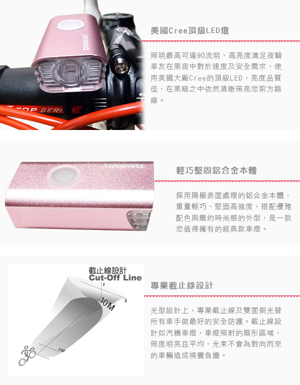 DOSUN SF90 USB充電式自行車前燈 粉紅
