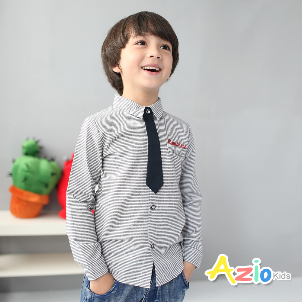 Azio Kids 童裝-襯衫 字母領帶細條紋長袖襯衫(灰)