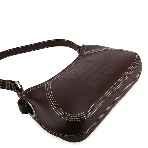 GIVENCHY HOBO 壓印LOGO精緻縫線皮革肩背包-咖啡色