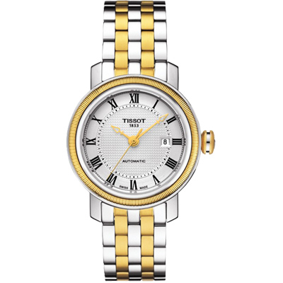 TISSOT 天梭 官方授權 Bridgeport 寶環系列經典羅馬機械女錶 送禮推薦-銀x金/29mm T0970072203300