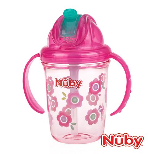 Nuby 晶透雙耳學飲杯細吸管240ml-粉(12M+)