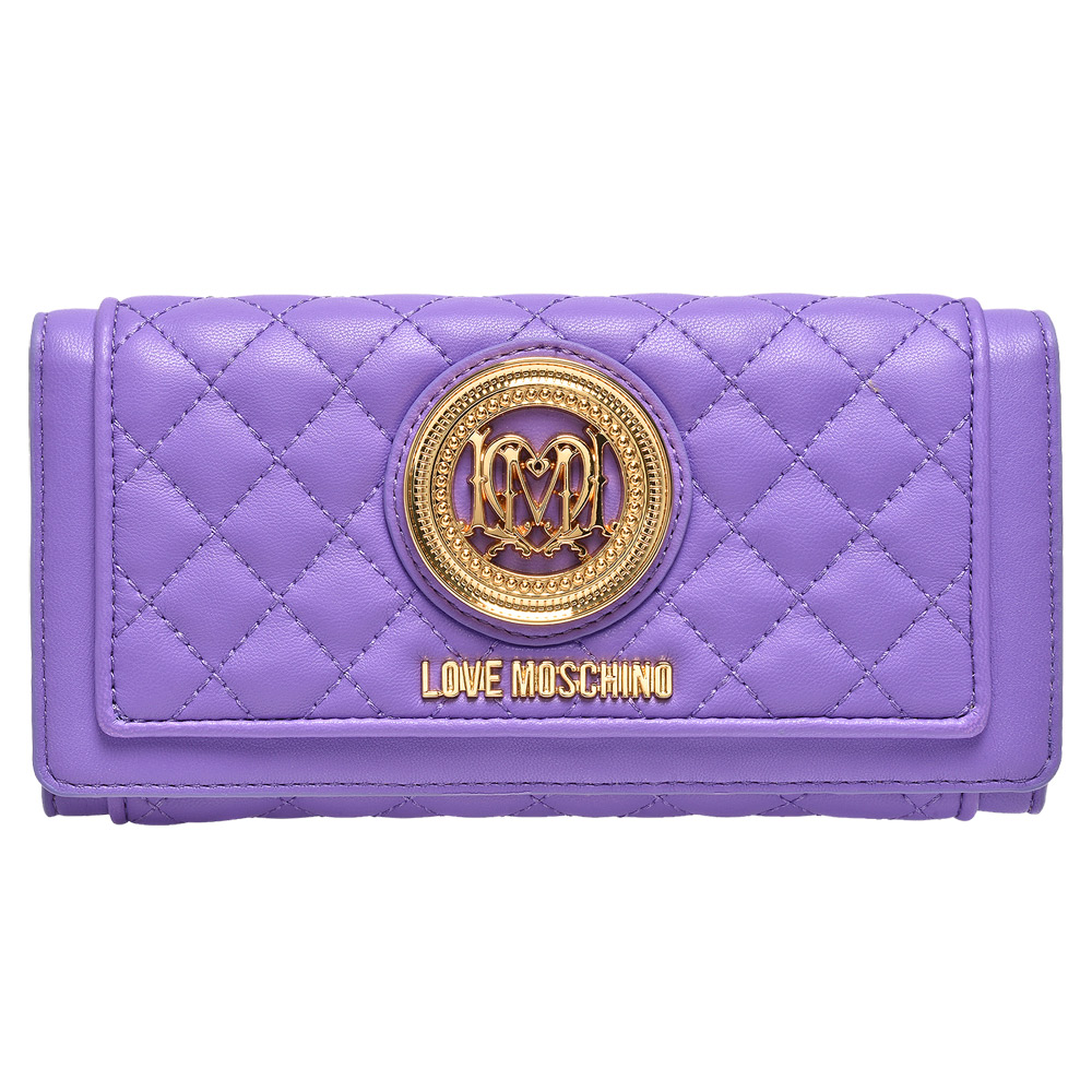 MOSCHINO LOVE系列金屬浮雕LOGO小羊皮暗釦長夾(紫)