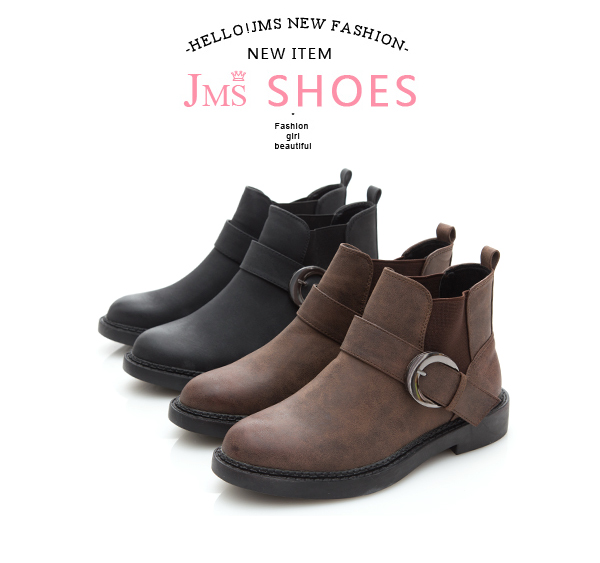JMS-經典皮帶扣環側鬆緊拼接短靴-黑色