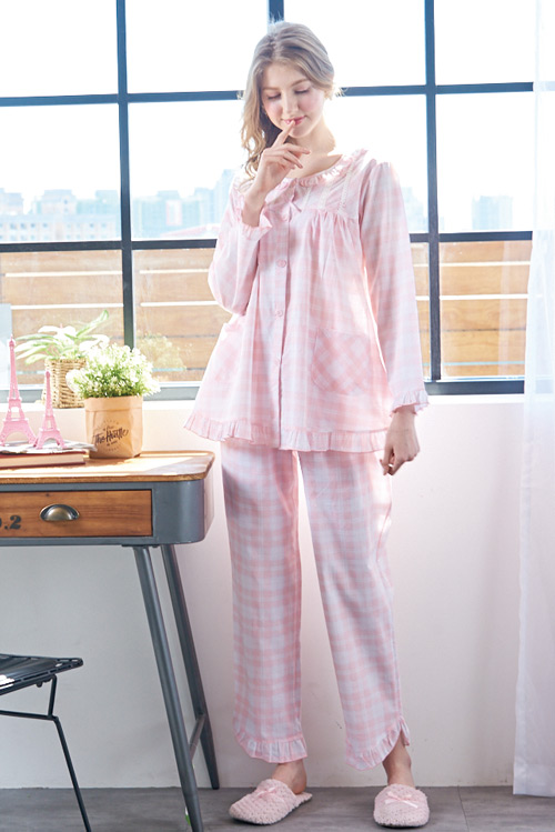 睡衣 精梳棉平織薄長袖兩件式睡衣(R77202-2夢幻粉紅格紋) 蕾妮塔塔