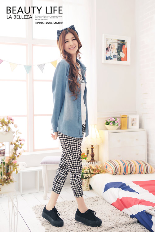 La Belleza腰抽繩千鳥格假口袋老爺褲