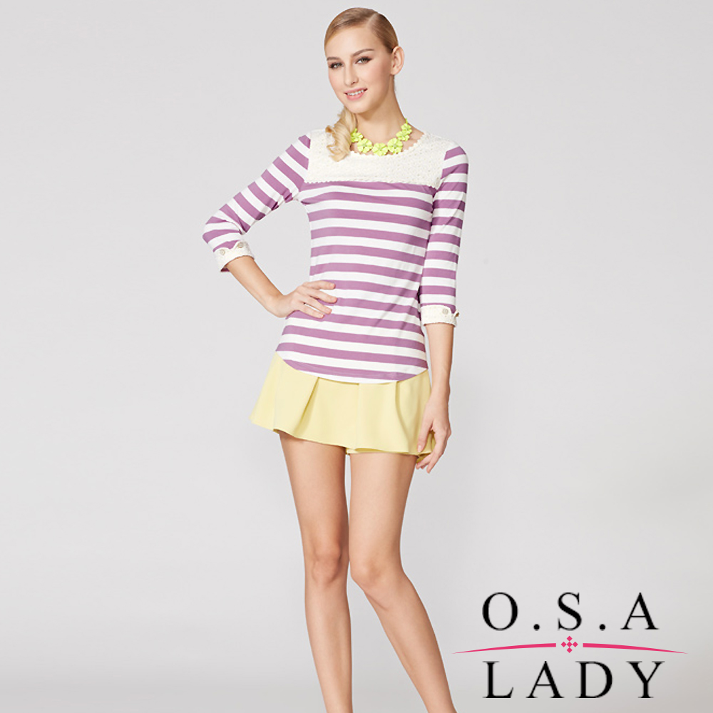 O.S.A LADY 條紋度假風翻折七分袖棉上衣 (紫條紋)