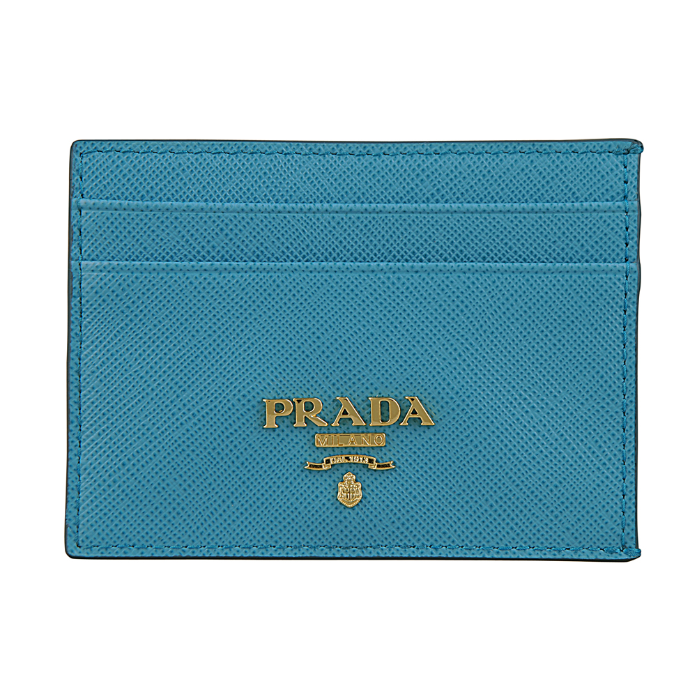 PRADA 金字LOGO簡約防刮牛皮卡片夾(天空藍)